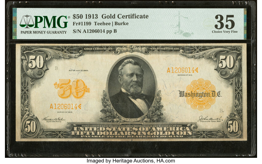 image for: Fr. 1199 $50 1913 Gold Certificate PMG Choice Very Fine 35....