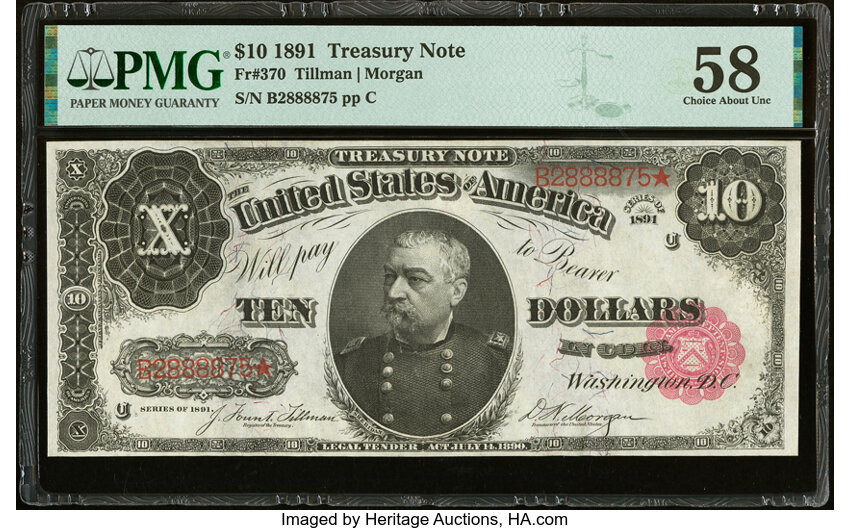 image for: Fr. 370 $10 1891 Treasury Note PMG Choice About Unc 58....