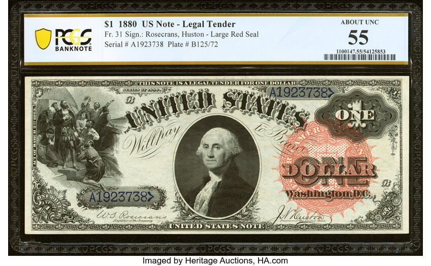 image for: Fr. 31 $1 1880 Legal Tender PCGS Banknote About Unc 55....