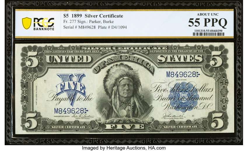 image for: Fr. 277 $5 1899 Silver Certificate PCGS Banknote About Unc 55 PPQ....