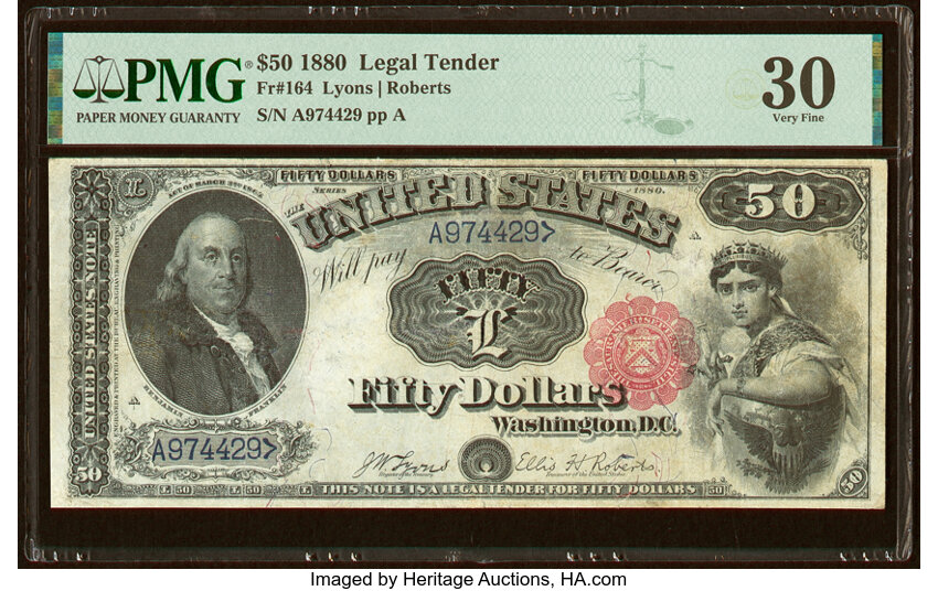 image for: Fr. 164 $50 1880 Legal Tender PMG Very Fine 30....
