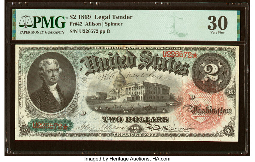 image for: Fr. 42 $2 1869 Legal Tender PMG Very Fine 30....