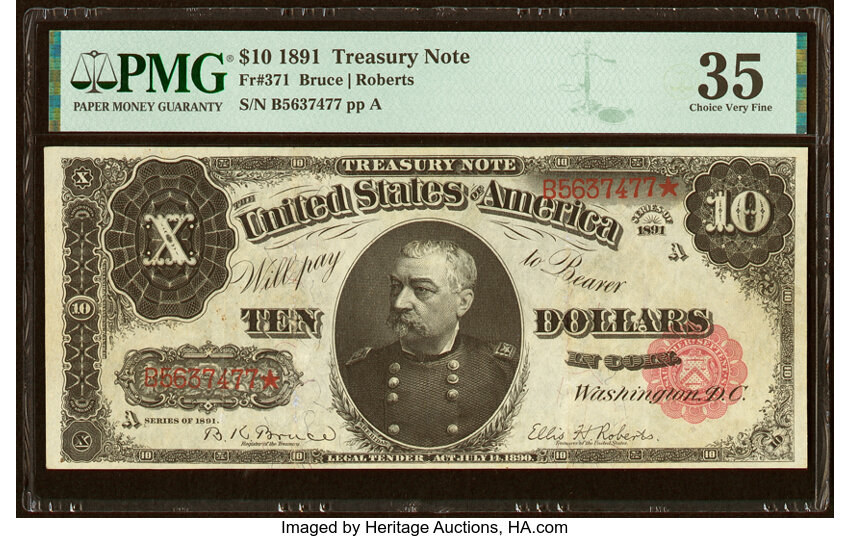 image for: Fr. 371 $10 1891 Treasury Note PMG Choice Very Fine 35....