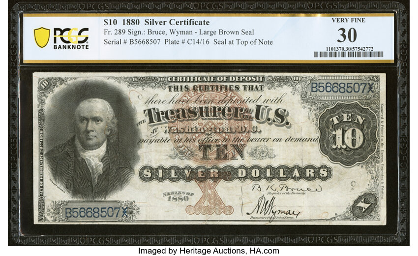 image for: Fr. 289 $10 1880 Silver Certificate PCGS Banknote Very Fine 30....
