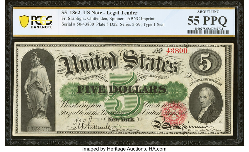 image for: Fr. 61a $5 1862 Legal Tender PCGS Banknote About Unc 55 PPQ....