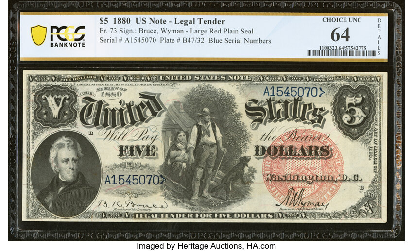 image for: Fr. 73 $5 1880 Legal Tender PCGS Banknote Choice Unc 64 Details....