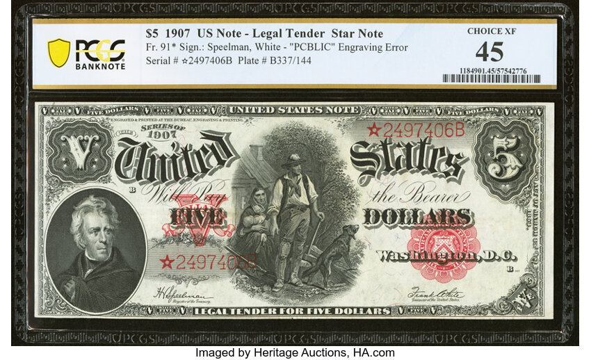 image for: Fr. 91* $5 1907 "PCBLIC" Error Legal Tender Star Note PCGS Banknote Choice XF 45....