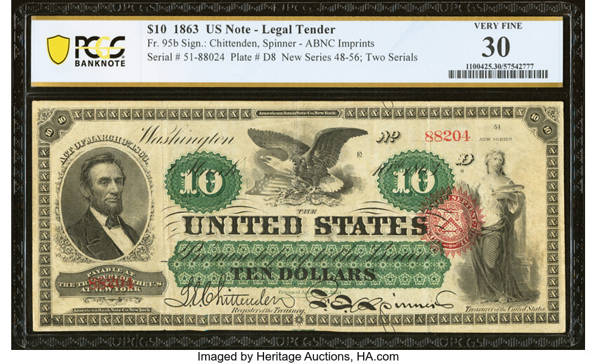 image for: Fr. 95b $10 1863 Legal Tender PCGS Banknote Very Fine 30....