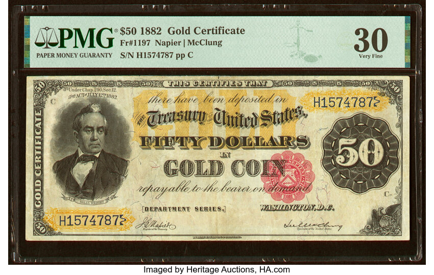 image for: Fr. 1197 $50 1882 Gold Certificate PMG Very Fine 30....