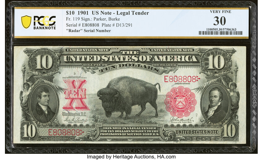 image for: Radar Serial Number E808808 Fr. 119 $10 1901 Legal Tender PCGS Banknote Very Fine 30....