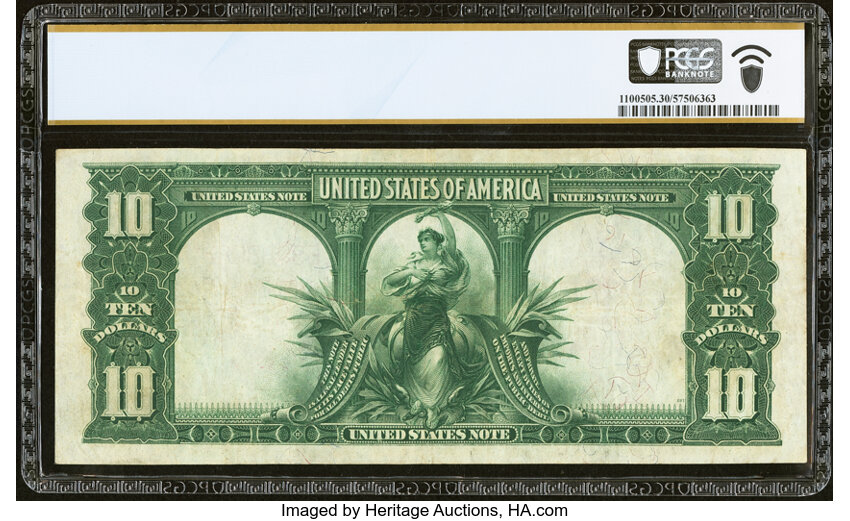 image for: Radar Serial Number E808808 Fr. 119 $10 1901 Legal Tender PCGS Banknote Very Fine 30....