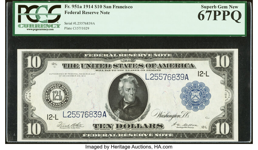 image for: Fr. 951a $10 1914 Federal Reserve Note PCGS Superb Gem New 67PPQ....