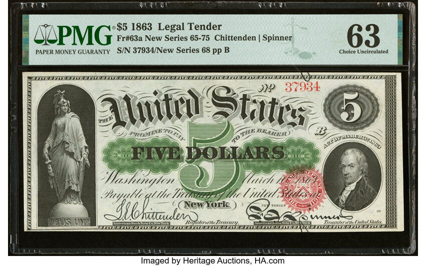 image for: Fr. 63a $5 1863 Legal Tender PMG Choice Uncirculated 63....