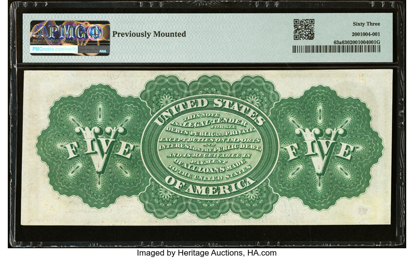 image for: Fr. 63a $5 1863 Legal Tender PMG Choice Uncirculated 63....