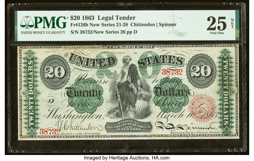 image for: Fr. 126b $20 1863 Legal Tender PMG Very Fine 25 Net....