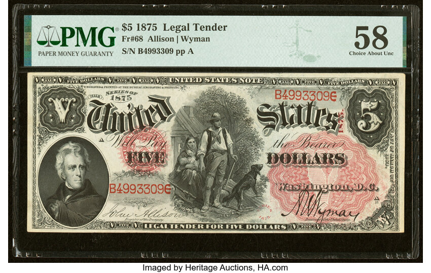 image for: Fr. 68 $5 1875 Legal Tender PMG Choice About Unc 58....