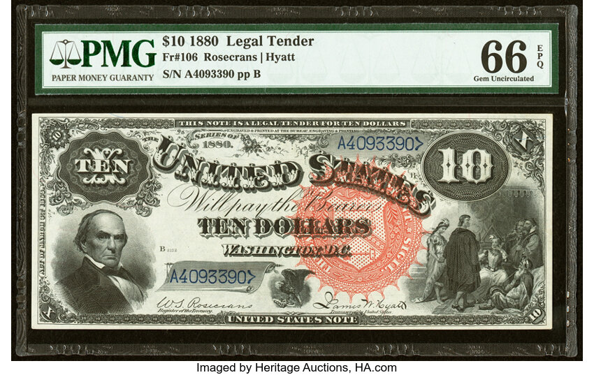 image for: Fr. 106 $10 1880 Legal Tender PMG Gem Uncirculated 66 EPQ....