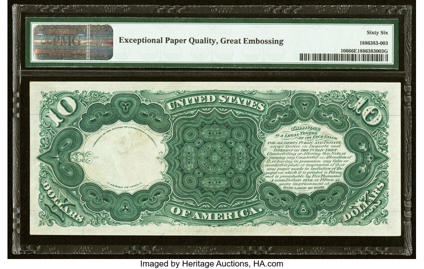 image for: Fr. 106 $10 1880 Legal Tender PMG Gem Uncirculated 66 EPQ....