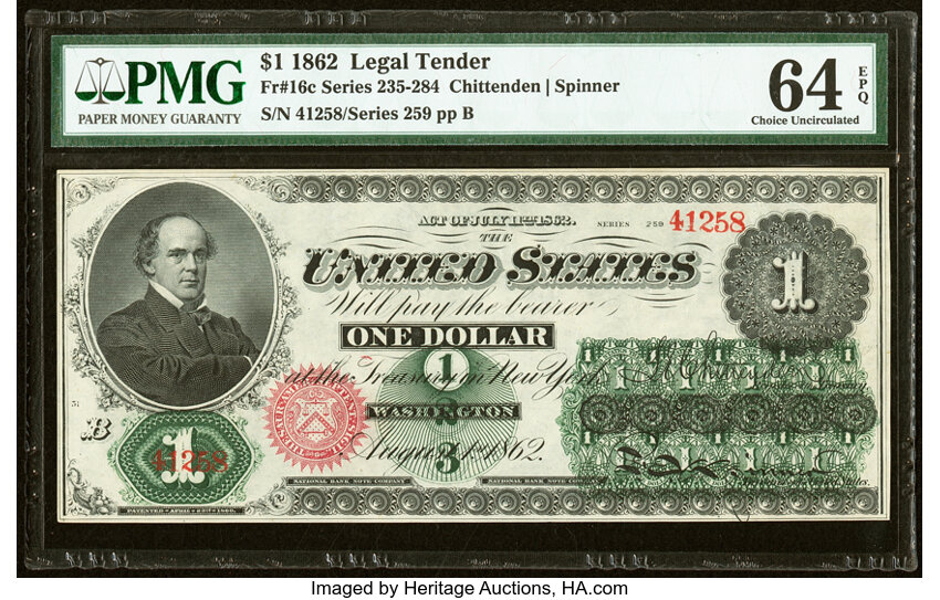 image for: Fr. 16c $1 1862 Legal Tender PMG Choice Uncirculated 64 EPQ....