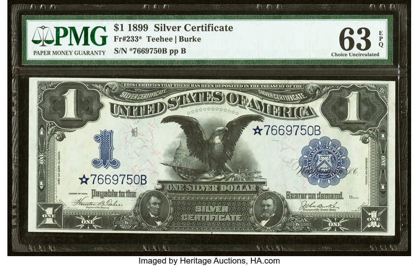 image for: Fr. 233* $1 1899 Silver Certificate Star Note. PMG Choice Uncirculated 63 EPQ....
