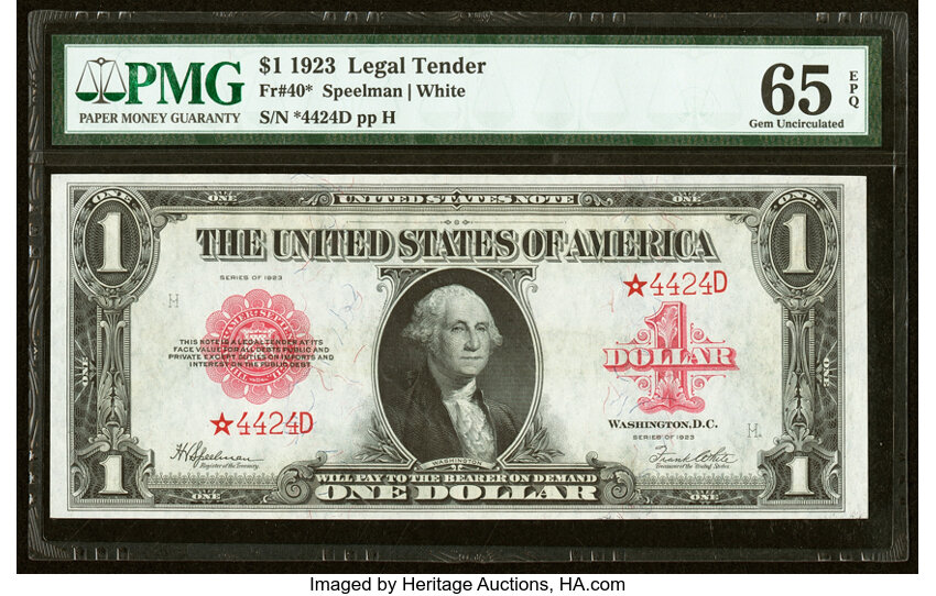 image for: Low Serial Number 4424 Fr. 40* $1 1923 Legal Tender Star Note. PMG Gem Uncirculated 65 EPQ....