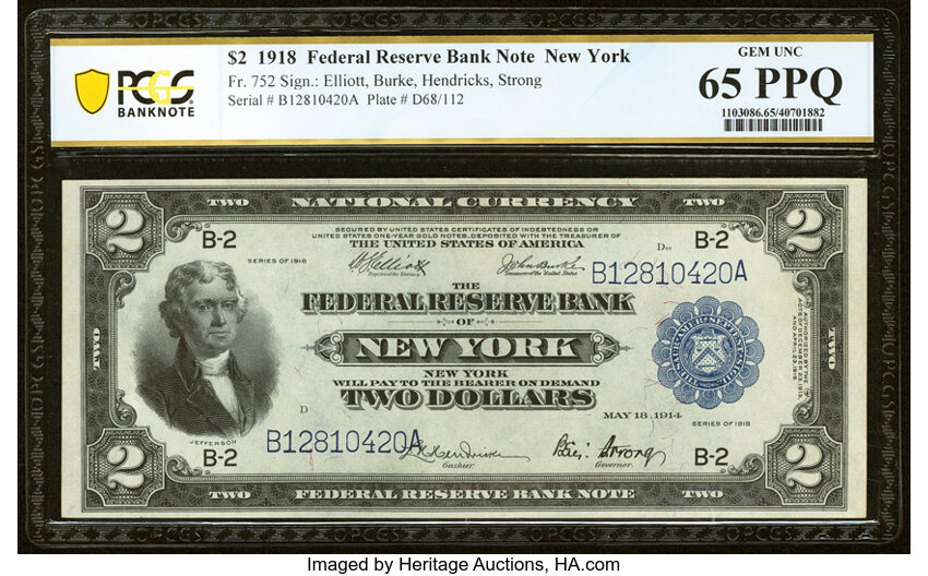 image for: Fr. 752 $2 1918 Federal Reserve Bank Note PCGS Banknote Gem Unc 65 PPQ....