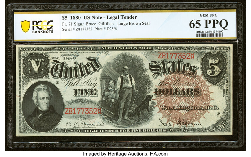 image for: Fr. 71 $5 1880 Legal Tender PCGS Banknote Gem Unc 65 PPQ....