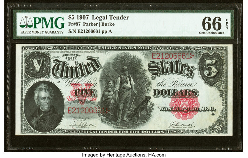 image for: Fr. 87 $5 1907 Legal Tender PMG Gem Uncirculated 66 EPQ....