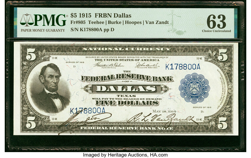 image for: Fr. 805 $5 1915 Federal Reserve Bank Note PMG Choice Uncirculated 63....
