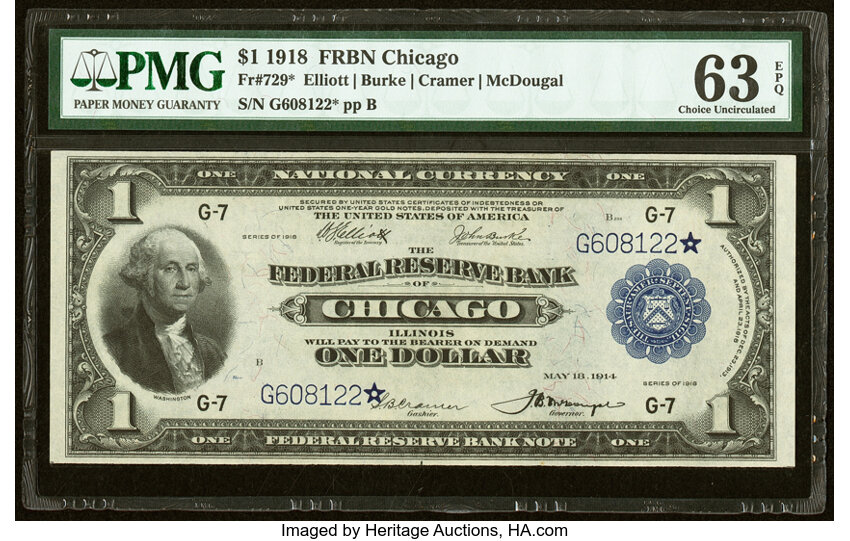 image for: Fr. 729* $1 1918 Federal Reserve Bank Star Note. PMG Choice Uncirculated 63 EPQ....