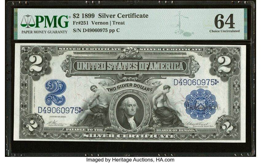 image for: Fr. 251 $2 1899 Silver Certificate PMG Choice Uncirculated 64....