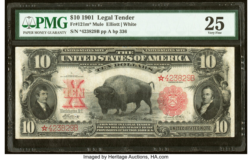 image for: Fr. 121* $10 1901 Mule Legal Tender Star Note. PMG Very Fine 25....