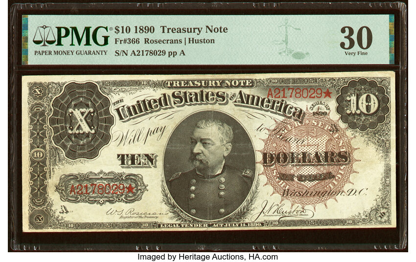 image for: Fr. 366 $10 1890 Treasury Note PMG Very Fine 30....