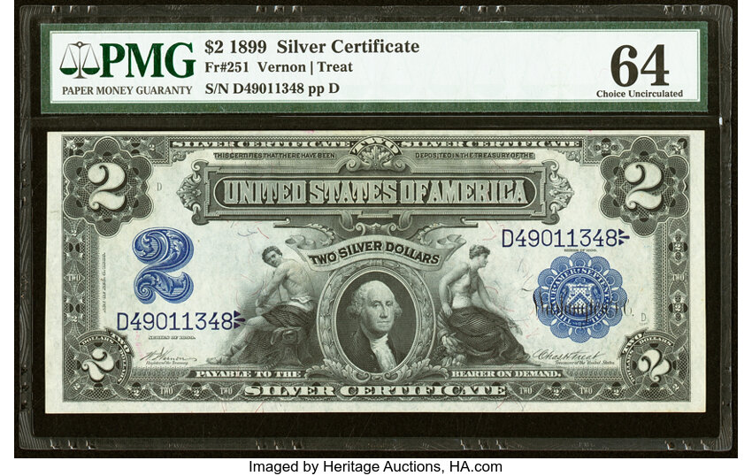 image for: Fr. 251 $2 1899 Silver Certificate PMG Choice Uncirculated 64....