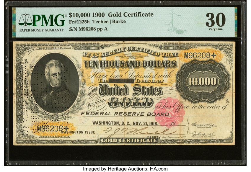 image for: Fr. 1225h $10,000 1900 Gold Certificate PMG Very Fine 30....