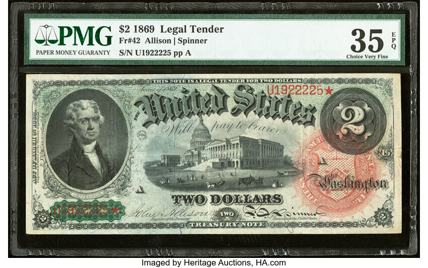 image for: Fr. 42 $2 1869 Legal Tender PMG Choice Very Fine 35 EPQ....