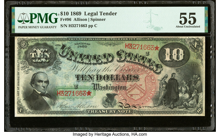 image for: Fr. 96 $10 1869 Legal Tender PMG About Uncirculated 55....