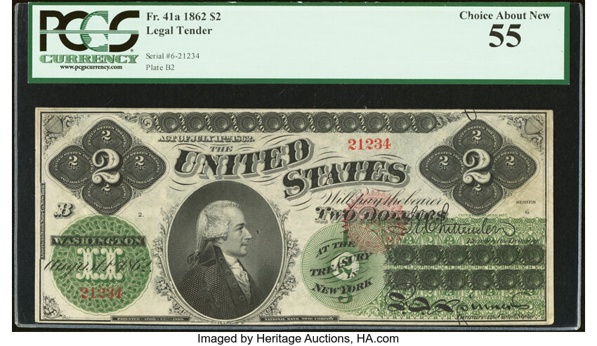 image for: Fr. 41a $2 1862 Legal Tender PCGS Choice About New 55....