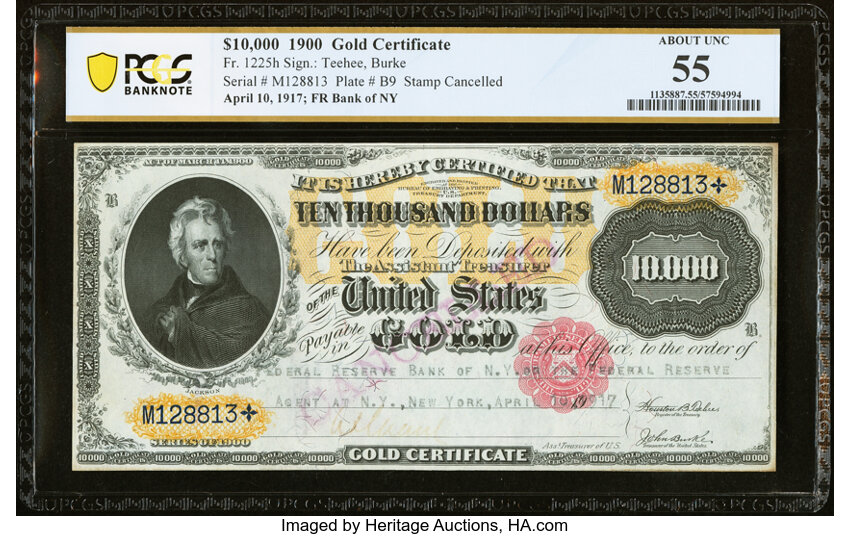 image for: Fr. 1225h $10,000 1900 Gold Certificate PCGS Banknote About Unc 55....