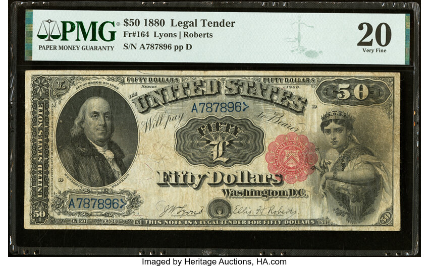 image for: Fr. 164 $50 1880 Legal Tender PMG Very Fine 20....