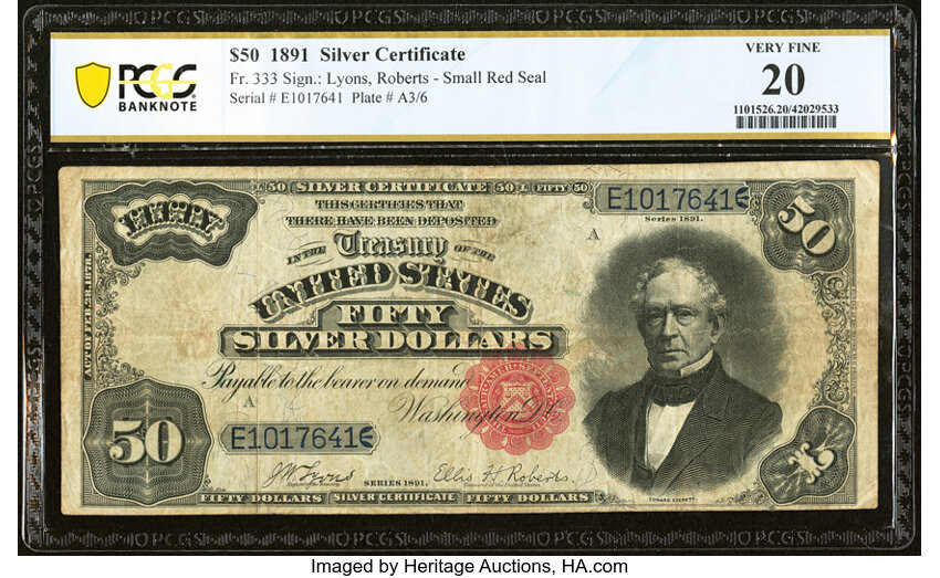 image for: Fr. 333 $50 1891 Silver Certificate PCGS Banknote Very Fine 20....