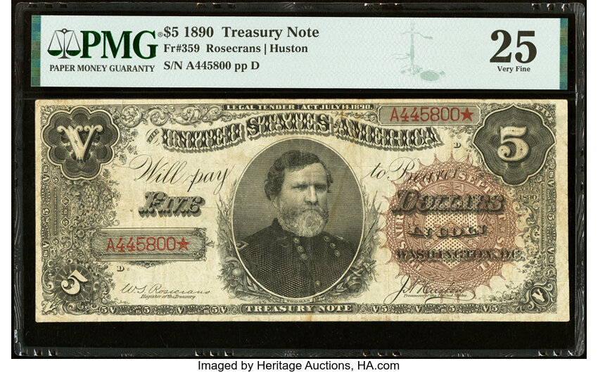 image for: Fr. 359 $5 1890 Treasury Note PMG Very Fine 25....