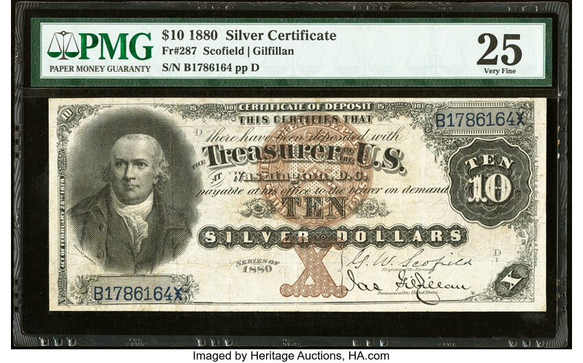 image for: Fr. 287 $10 1880 Silver Certificate PMG Very Fine 25....