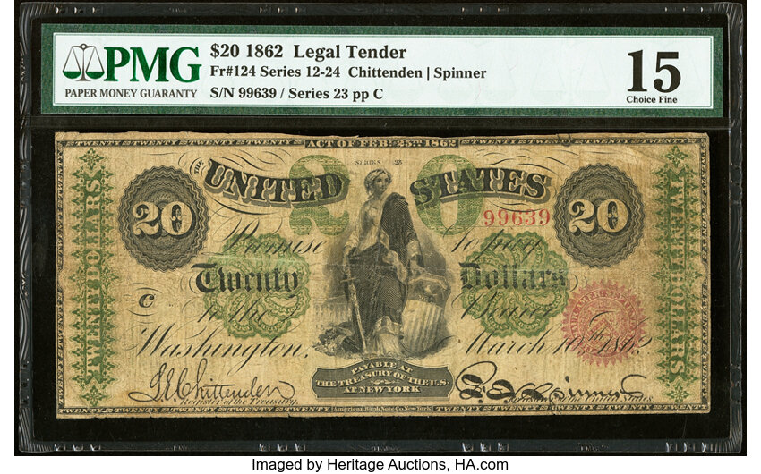 image for: Fr. 124 $20 1862 Legal Tender PMG Choice Fine 15....