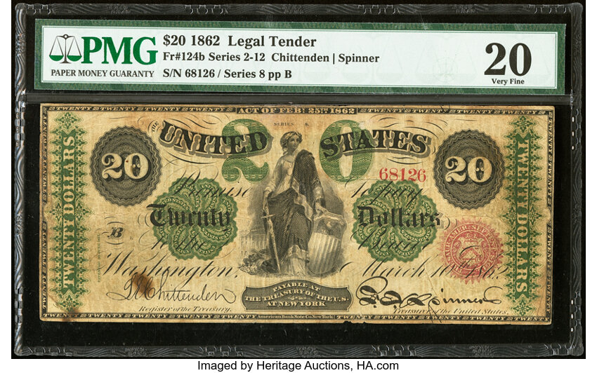 image for: Fr. 124b $20 1862 Legal Tender PMG Very Fine 20....