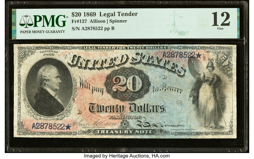 image for: Fr. 127 $20 1869 Legal Tender PMG Fine 12....