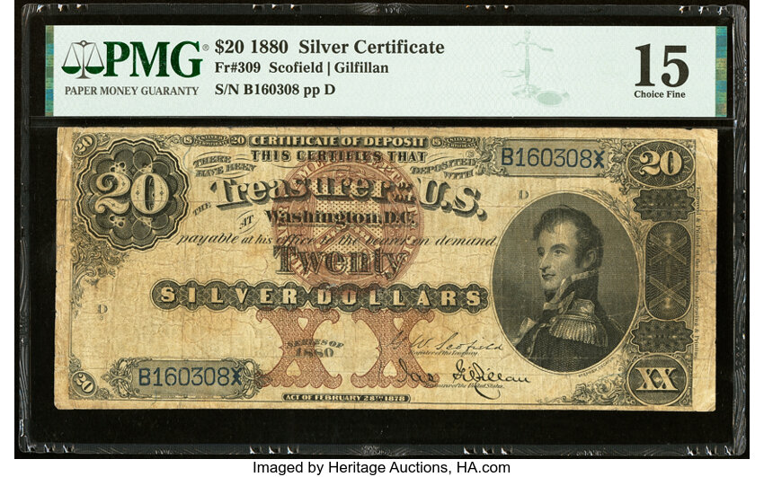 image for: Fr. 309 $20 1880 Silver Certificate PMG Choice Fine 15....