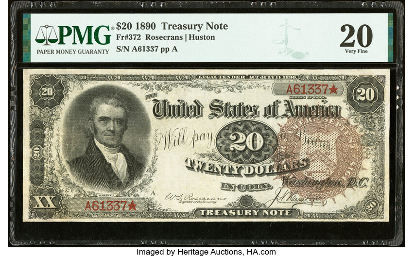 image for: Fr. 372 $20 1890 Treasury Note PMG Very Fine 20....