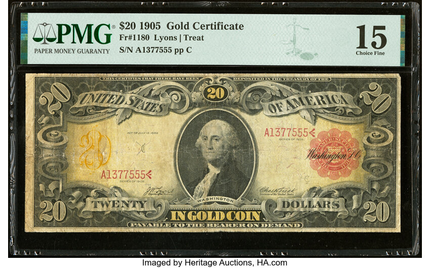 image for: Fr. 1180 $20 1905 Gold Certificate PMG Choice Fine 15....