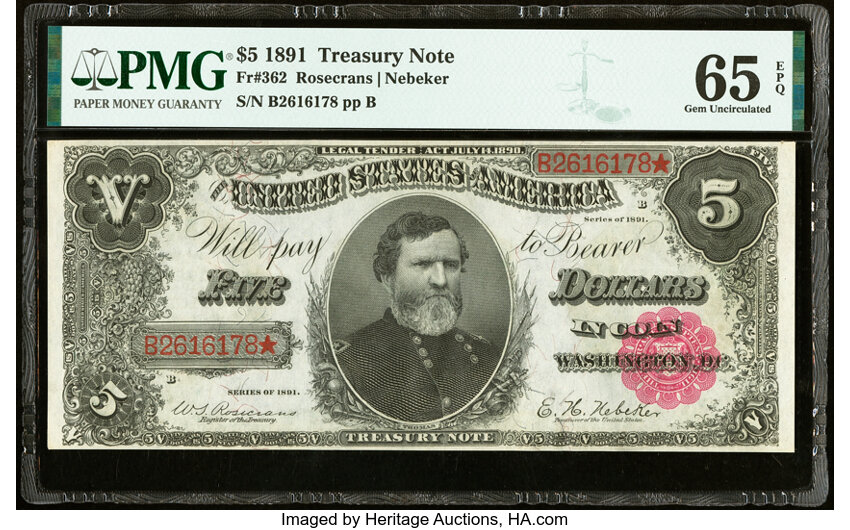 image for: Fr. 362 $5 1891 Treasury Note PMG Gem Uncirculated 65 EPQ....